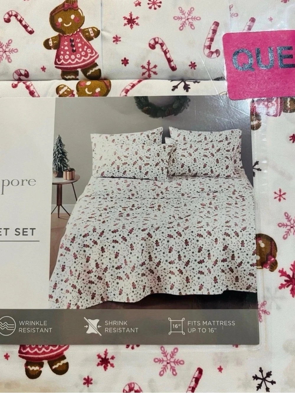 Nanette Lepore Gingerbread Girl Candy Canes Snowflakes Queen Size Sheet Set